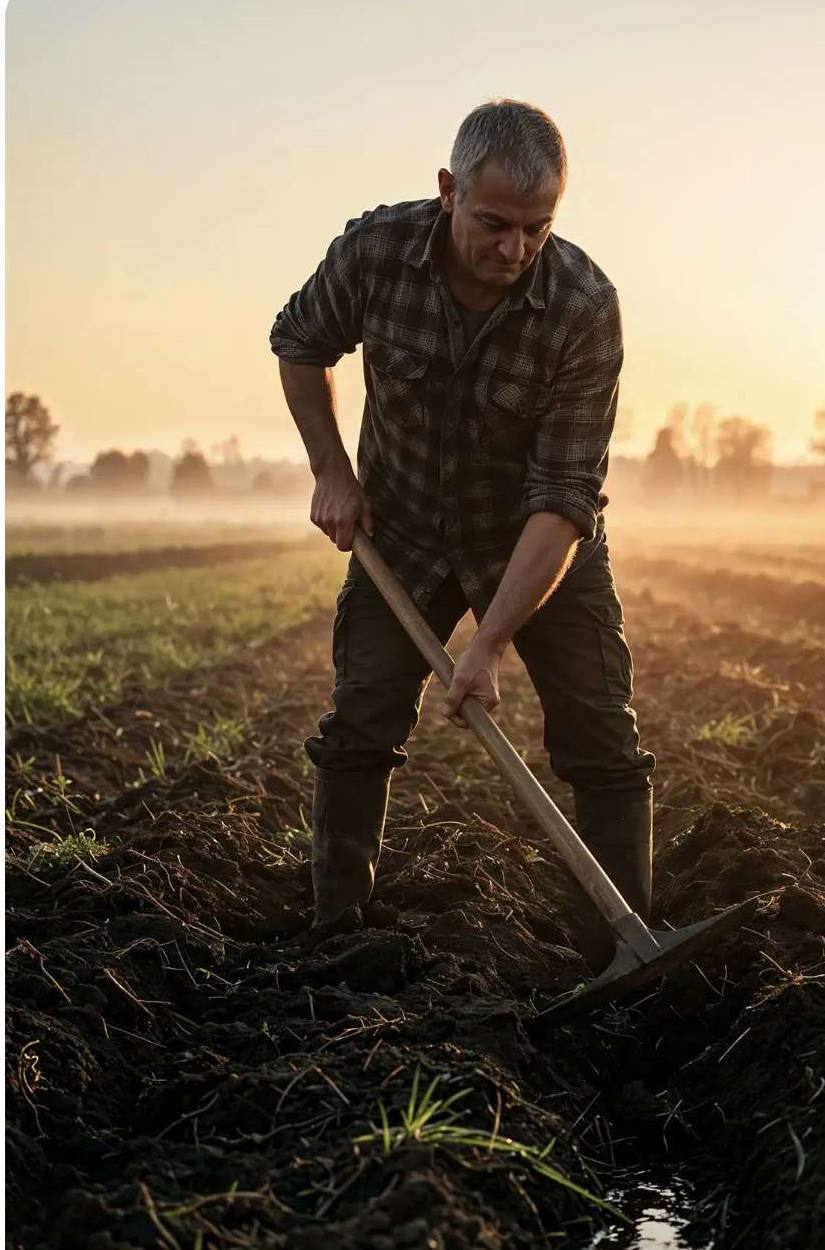 Farmer turning rich soil with a fork at sunrise