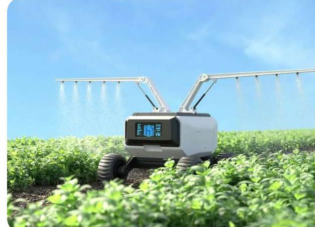 Autonomous sprayer working through green crop rows